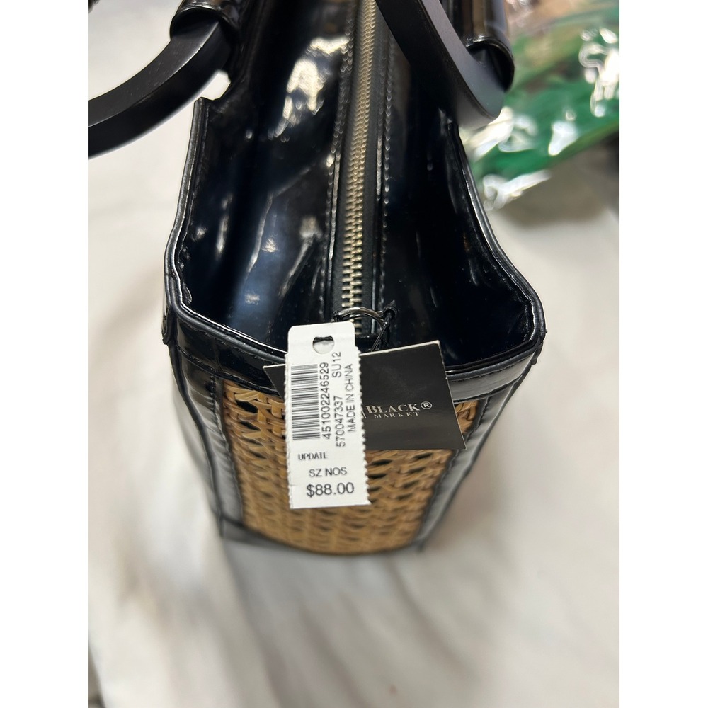 WHBM Woven Rattan Tote Black Patent Trim Top Handle Resort Bag - Picture 3 of 5